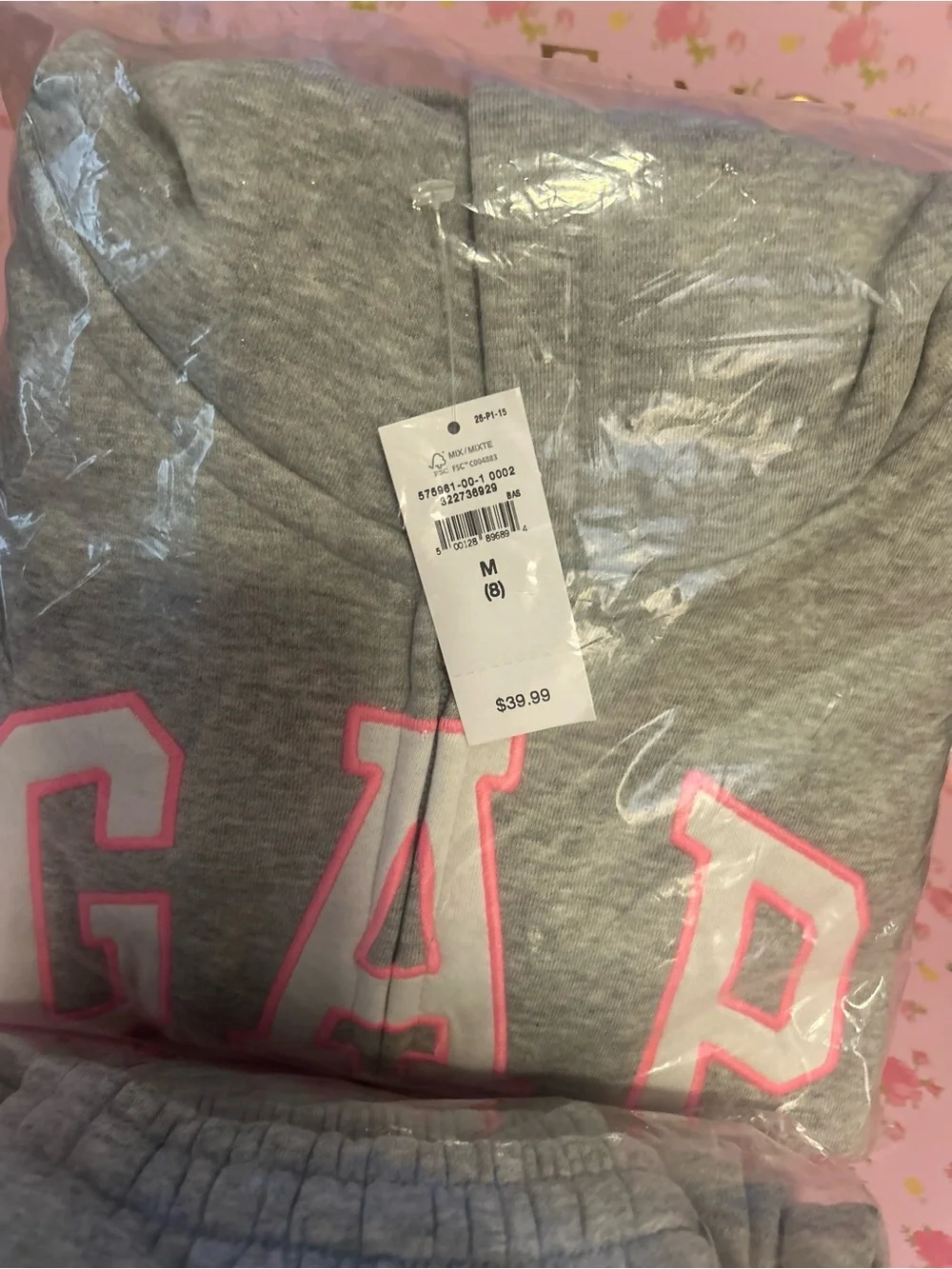 NWT GAP Kids' Light Gray Zip Hoodie and sweatpants set with Pink Logo Size 8